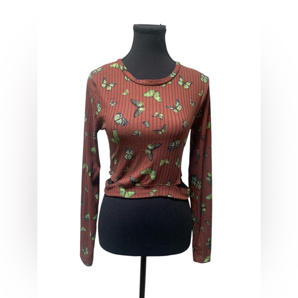J for Justify Green Butterfly Print Brown Blouse M GUC